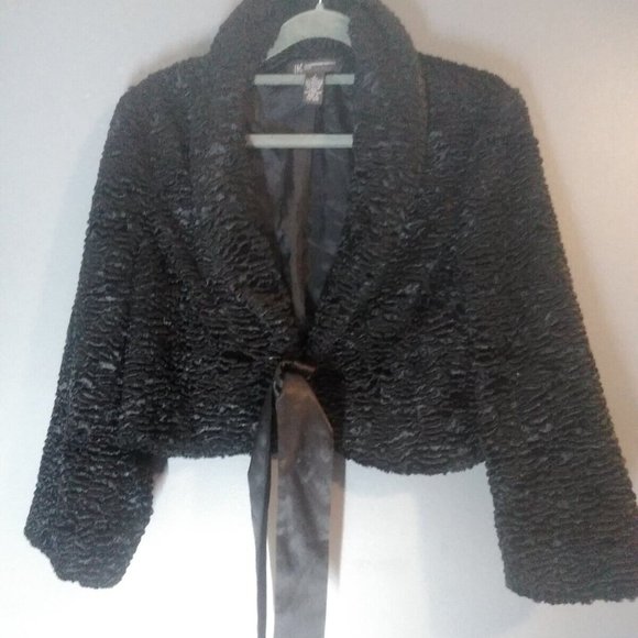 Evening Shrug/Jacket Solid Black Cropped 3/4 Sleeves, Ribbon Tie Small Petite - Picture 1 of 7
